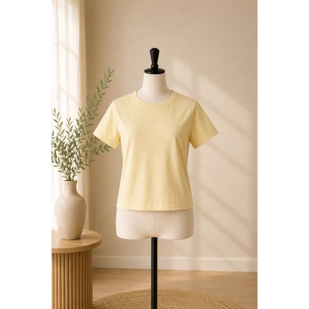 Women’s Butter Yellow Compression Top Stretch Crew Neck Short Sleeve Knit Tee